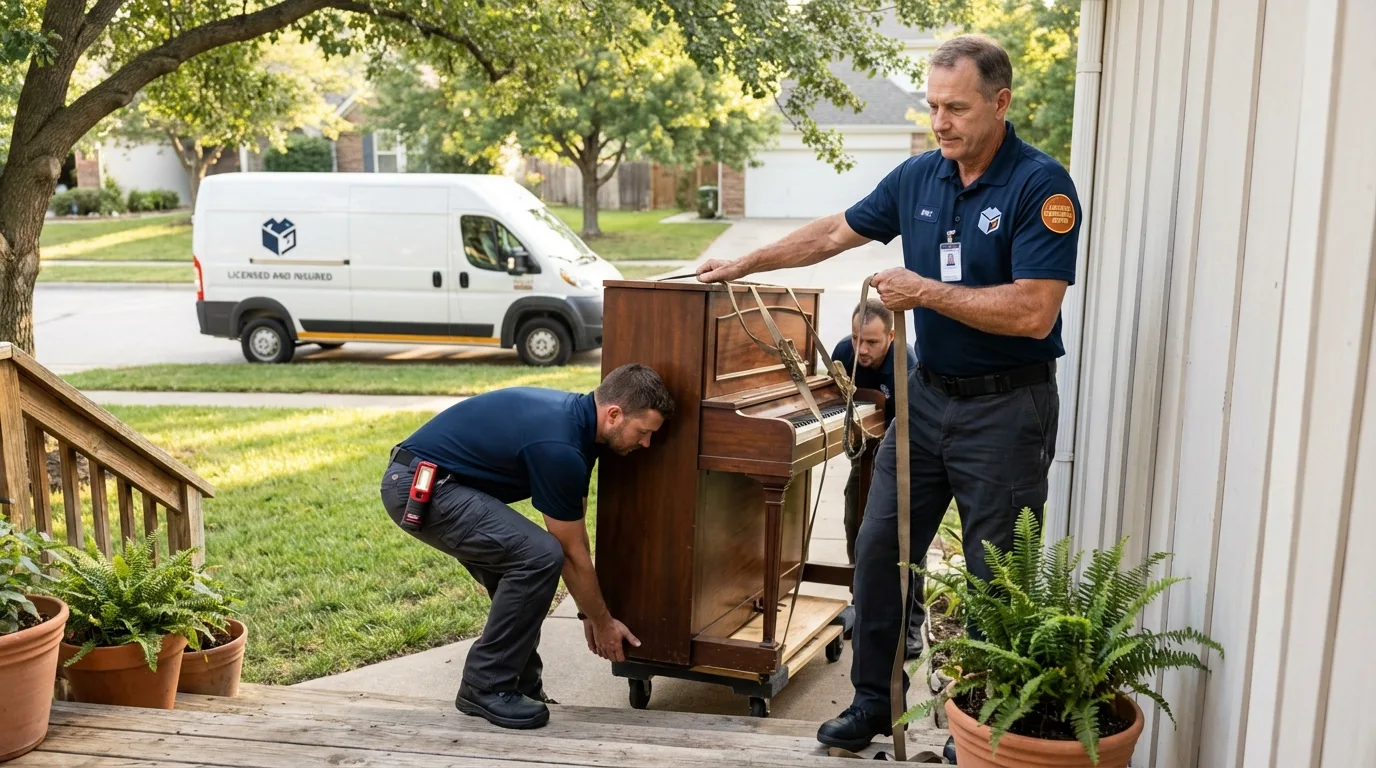 Licensed piano movers securing grand piano in Washburn, WI