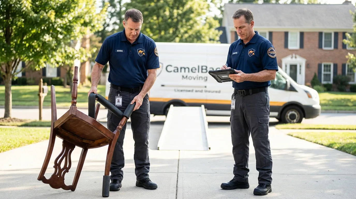 Movers inspecting furniture for damage prevention before loading in Washburn, WI