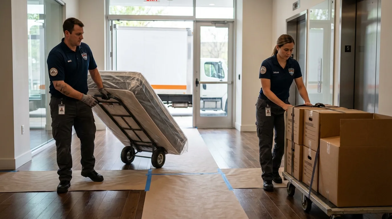 Professional apartment movers loading elevator in Washburn, WI