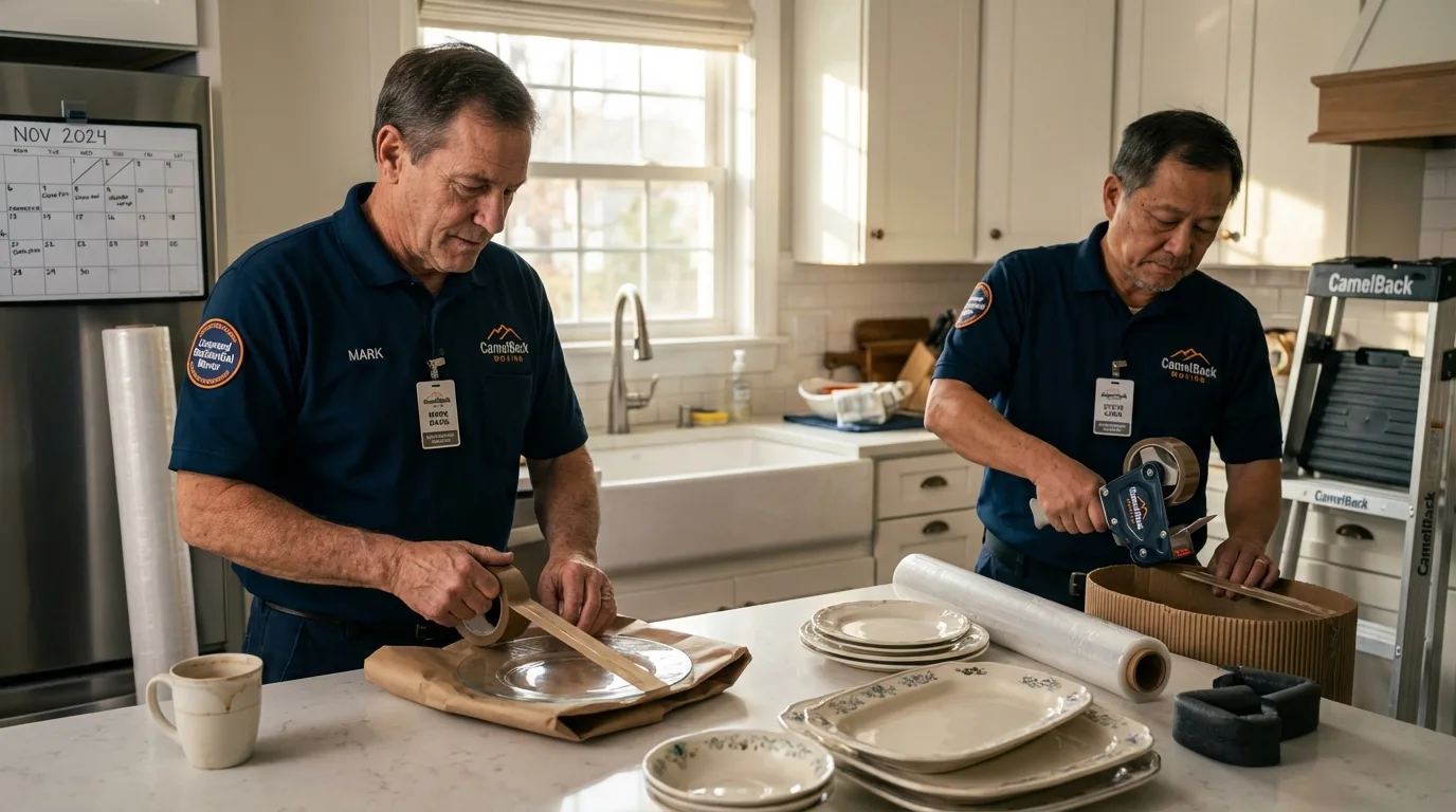 Professional crew packing kitchen dishware in Washburn, WI
